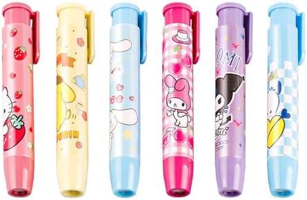 6Pcs Cute Cartoon Press on Erasers, Retractable Kawaii Rubber Pencil Erasers for Kids Writing Drawing, Funny Student Erasers Back to School Prizes Party Favors Supplies