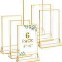 Floroom 6 Pack 4x6 Inch Clear Acrylic Sign Holders, Double-Sided Gold Display Stand Picture Frames for Table Numbers, Menus, Flyers, Weddings, and Offices