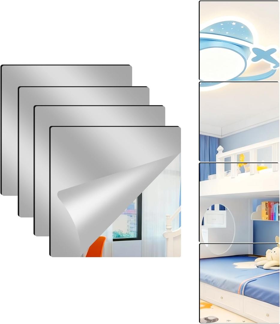 4 Pack Acrylic Mirrors for Wall,10 x 10 Inch Self Adhesive Frameless Small Mirror Tiles, Flexible Plastic Mirror Sheets for Bedroom Home Gym Door (10"X10"-4Pcs)