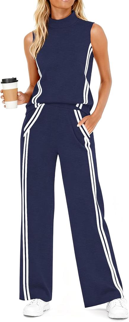 Casly Lamiit Womens 2 Piece Lounge Set Stripes Travel Outfits Sweatsuit Mock Neck Tank Top Wide Leg Pants Casual Activewear (L)