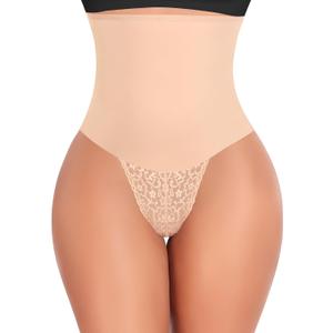 Werena Tummy Control Thong Shapewear for Women Mid High Waisted Body Shaper Underwear Lace Shaping Thong Girdle Panties (X-Large, Beige)