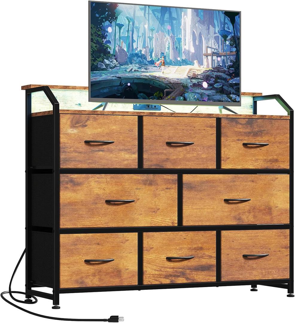 DUMOS TV Stand Dresser with 8 Fabric Drawers, 8-Drawer Chest of Drawers with APP Control LED Lights and Type-C Charging Station, Fabric Storage Tower TV Stand for Living Room, Brown (39.37"D x 13.39"W x 35.43"H (8 Drawers))