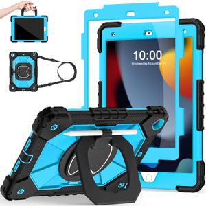Case for iPad 9th Generation iPad Case 9th 8th 7th Generation iPad 10.2 Inch iPad 9th Gen Cover with Screen Protector Pen Holder TabletCases for Kids 360 Rotating Stand, Black Blue