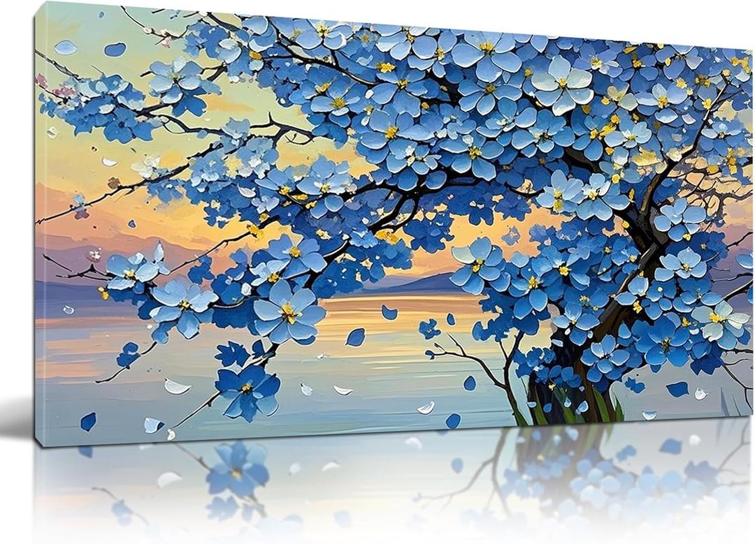 MUSM Blue Wall Art Large Tree of Life Wall Art for Living Room Bedroom Office Modern Framed Canvas Prints Blue Flower 3D Textured Abstract Printing Artwork Picture Ready to Hang 2448