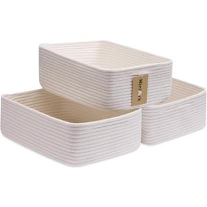 MiniArk Large Shallow Organizing Baskets 15x11x5.1 Inches - Rope Woven Storage Bins for Bathroom, Shelves, Cube Closet, Off White 3 Packs