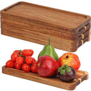 5 Pack 11.8 Inch Acacia Wooden Plates, Solid Wood Serving Plates, Rectangular Acacia Wood Trays, Highly Durable, Dishwasher Safe, Easy Carry Grooved Handle for Cheese, Fruit, and Charcuterie