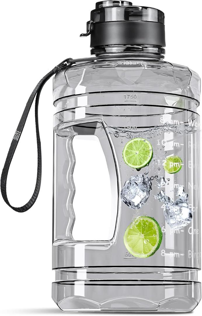 Large Water Bottle with Motivational Time Marker, 74oz Water Jug with Handle Leak-Proof, Clear Sport half gallon water Bottle for Gym Camping Workout Outdoors (0.5 Gallon)