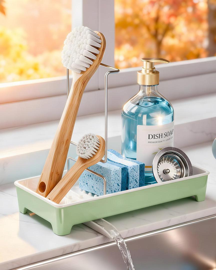 Minimalist Sink Caddy, Rustproof Sponge Holder for Kitchen Sink with 304 Stainless-Steel Brush Holder, Countertop Rack Organizer with Raised Ridges & Silicone Drain Tube (Mint Green)