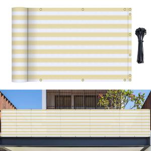 Bynbbur 3' x 12' Balcony Privacy Screen Apartment Deck Railing Fence Panels Outside, UV Block Shade Cloth with Grommets, Mesh Fencing Cover for Patio Backyard Porch, Beige and White Stripe