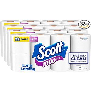 Scott 1000 Trusted Clean Toilet Paper, 32 Rolls, 1000 Sheets per Roll, Long Lasting Rolls: Each toilet paper roll comes with 1000 sheets