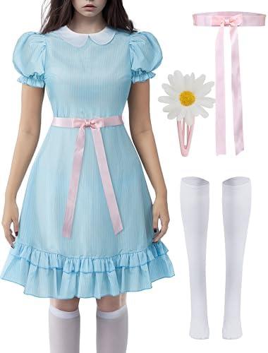 Spooktacular Creations Twin Costumes for Adults, Halloween Costume Women with Blue Puff Sleeve Dress and Accessories-L