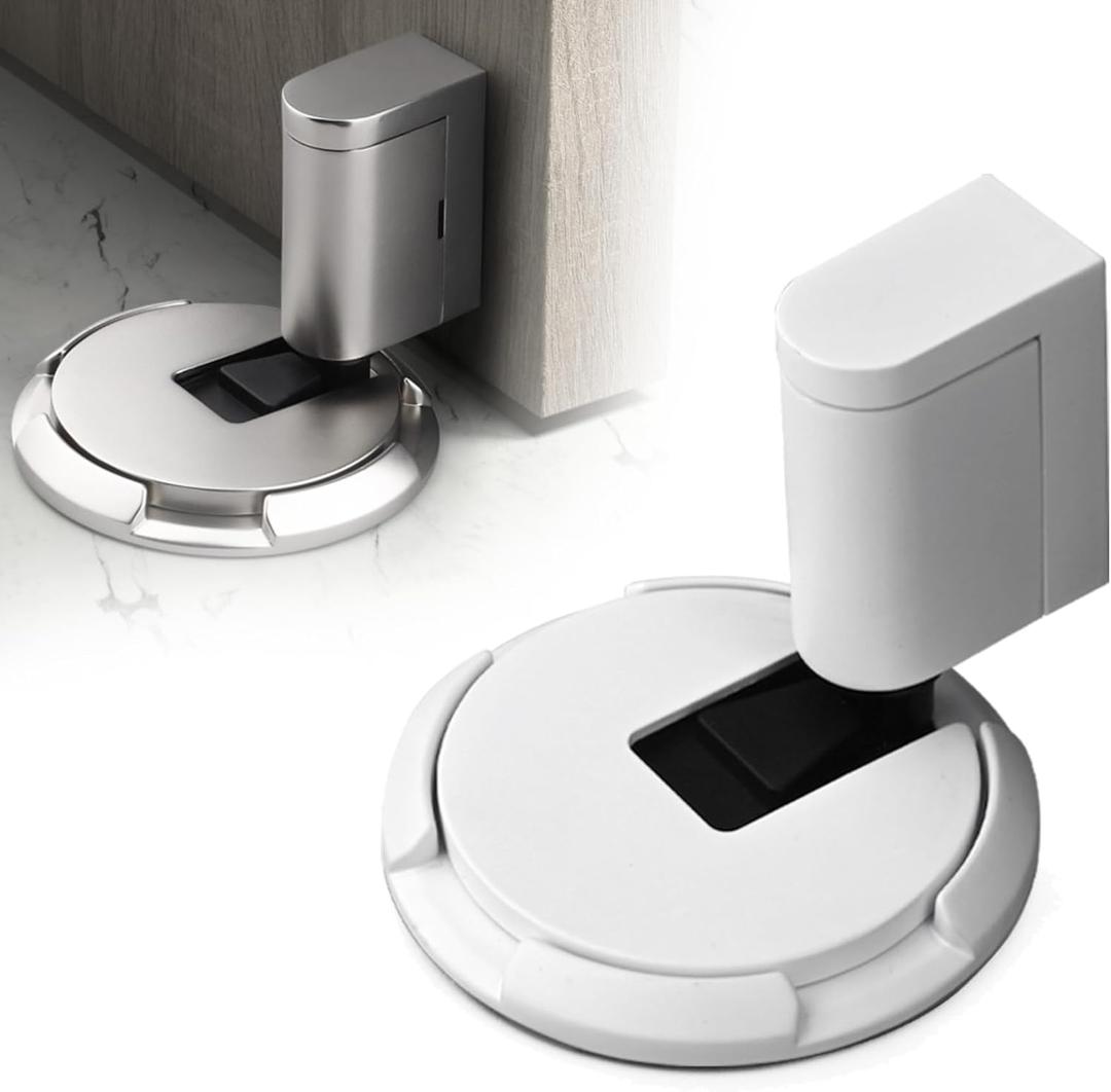 Windproof Door Stopper Indoor Heavy Duty Floor Door Stop Keep Door Open Mechanical No Drilling Door Stopper with Screws and Adhesive Pads, 2 Pack, White