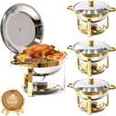 4-Pack Chafing Dish for Buffet Set, 6QT Round 304 Stainless Steel Complete Buffet Warmer  Includes Lids, Water Pans, Folding Stands & Clips for Catering, Events, Parties (Golden 4)