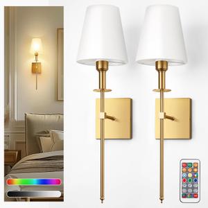 DORESshop Battery Operated Wall Sconce Set of 2, Gold Rechargeable Wall Lights Remote, Sconce Wall Decor Set of 2, 7 Colors Wireless Sconces for Bedroom Living Room Hallway (24.6 inch)