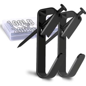 Picture Hangers Heavy Duty, Extra Thick, 100 lb, Decorative Hanging Hooks Hardware for Drywall and Plaster Walls with Large Nailers and Nails, Painting, 20pcs, Black