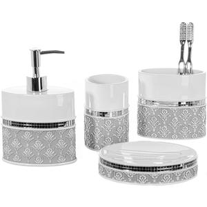 Creative Scents Mirror Damask Bathroom Accessory Set Complete - Decorative 4 Piece White and Gray Bathroom Set Includes: Soap Dispenser, Soap Dish, Toothbrush Holder and Tumbler