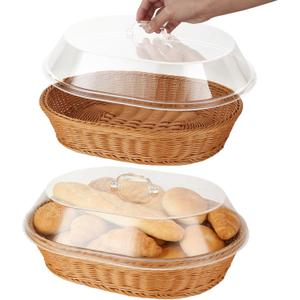 2 Pack Bread Basket with Lid, Wicker Bread Basket for Serving, Imitation Rattan Bread Basket, Oval Woven Fruit Basket with Cover for Food Vegetables Display (15.7x11.8x4.9 Inch)
