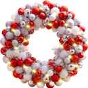 Amooca 16in Christmas Ball Wreath with LED Lights Front Door Window Decorative Hanging Ornaments Table Centerpiece Holiday Party Home Decoration Red White Silver