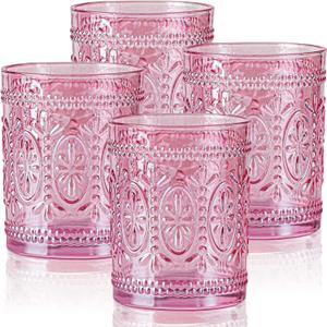 Pink Glassware set of 4, Vintage Drinking Glasses, 10oz Pink Heavy Duty Glass Cups, Old Fashioned Glass, Embossed Glasses Set for Party Wedding Home Office Glassesware Gift