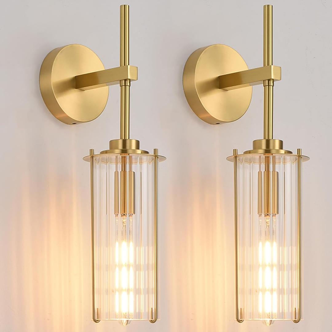 Modern Brass Wall Sconce,18" Gold Wall Sconces Set of Two,Bathroom Vanity Light Fixtures with Vertical Striped Glass Tube,Wall Light for Bedroom,Living Room,Hallway,Staircase,Mirror (2-Pack)