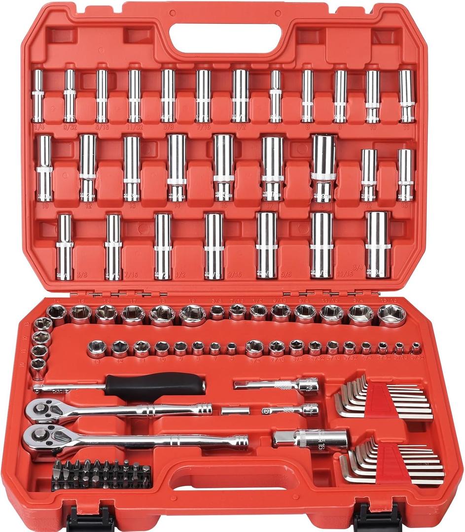 Egofine 117 Pieces 1/4 & 3/8 inch Drive Socket Ratchet Wrench Set, Metric/SAE Size, with Bit Socket Set and Extension Bar for Auto Repairing and Household, with Storage Case
