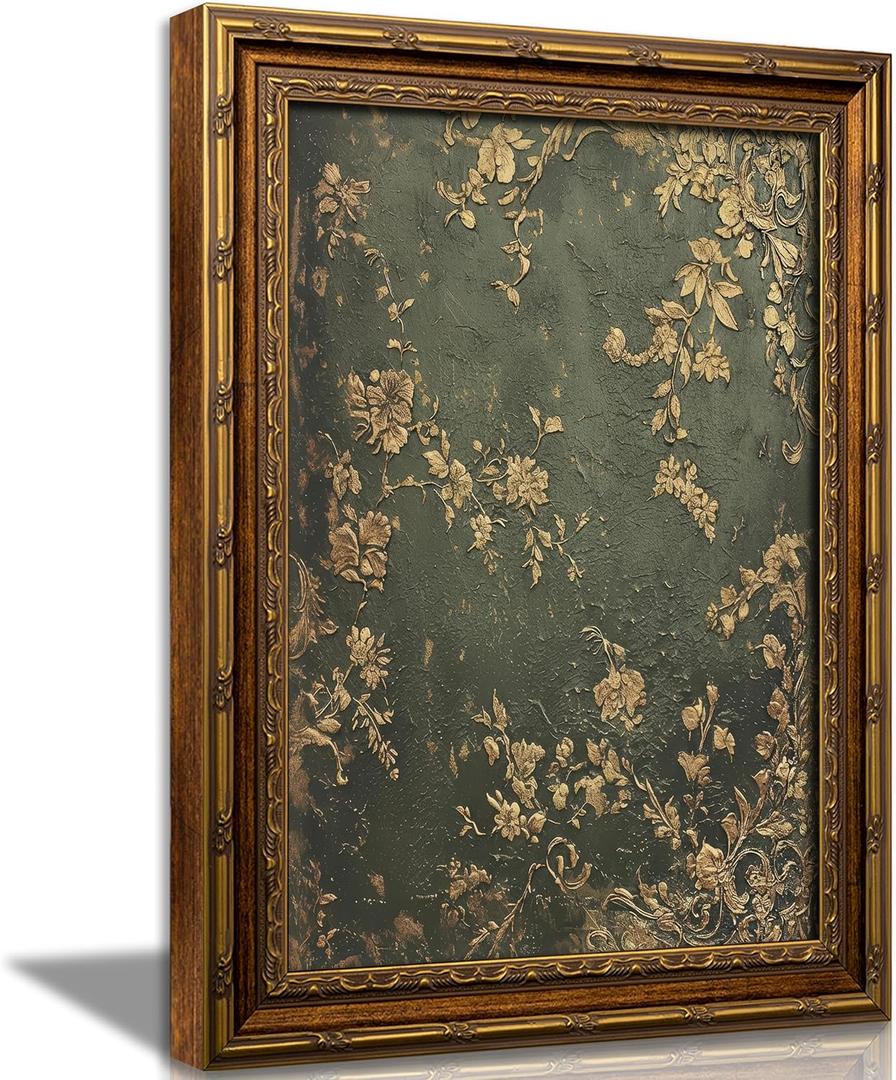 Vexlynora Vintage Gold Framed Dark Green Floral Wall Art - Ornate Gold Flower Canvas luxurious Textured Cottagecore Flower Picture Wall Decor for Living Room Bedroom Farmhouse Home 16X24in