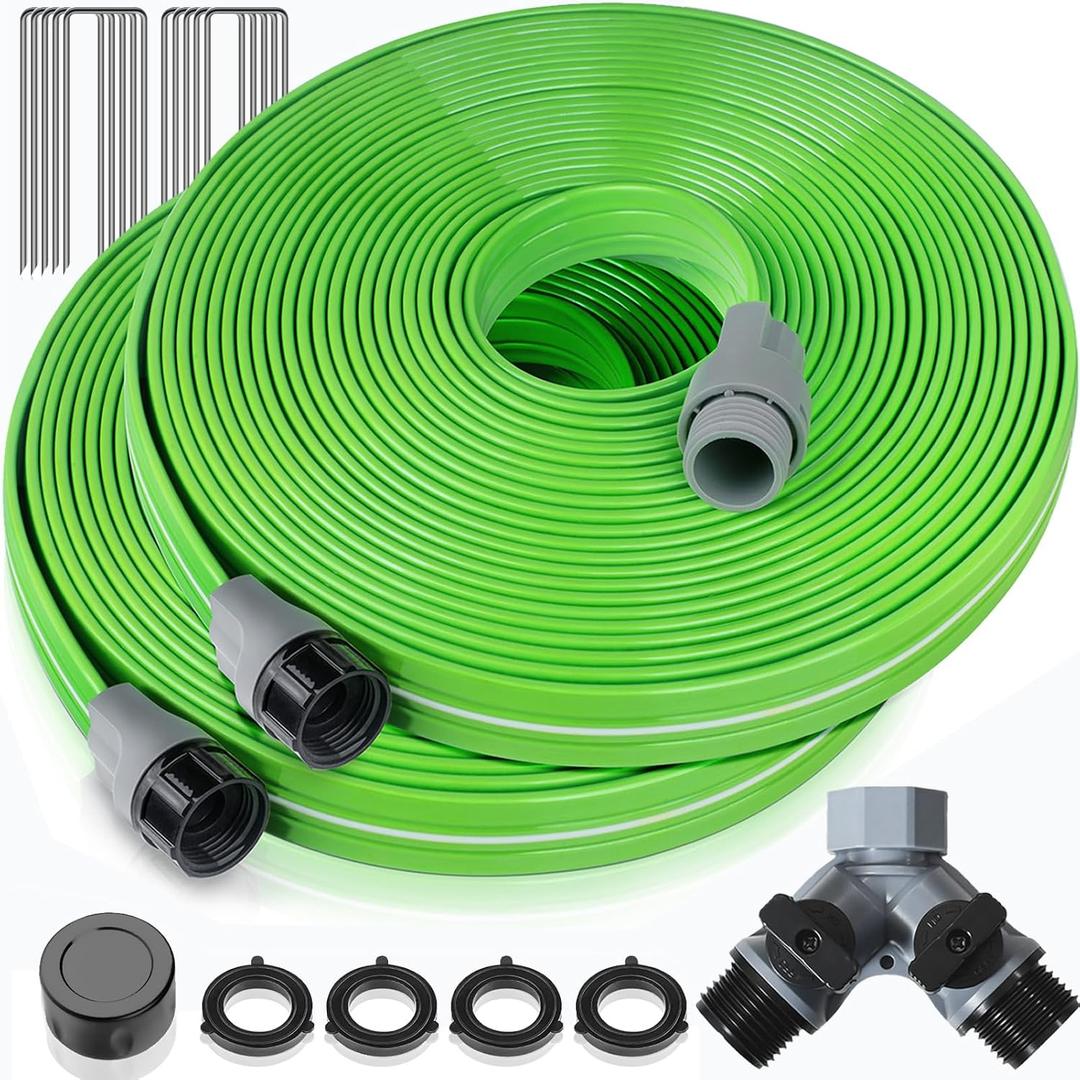 LAVEVE Heavy Duty Sprinkler Soaker Hose 50 FT, Flat Garden Hose with Holes, Efficient Flexible Irrigation Hose for Yard, Lawn and Garden, Includes Stakes (25FT x 2Pack)