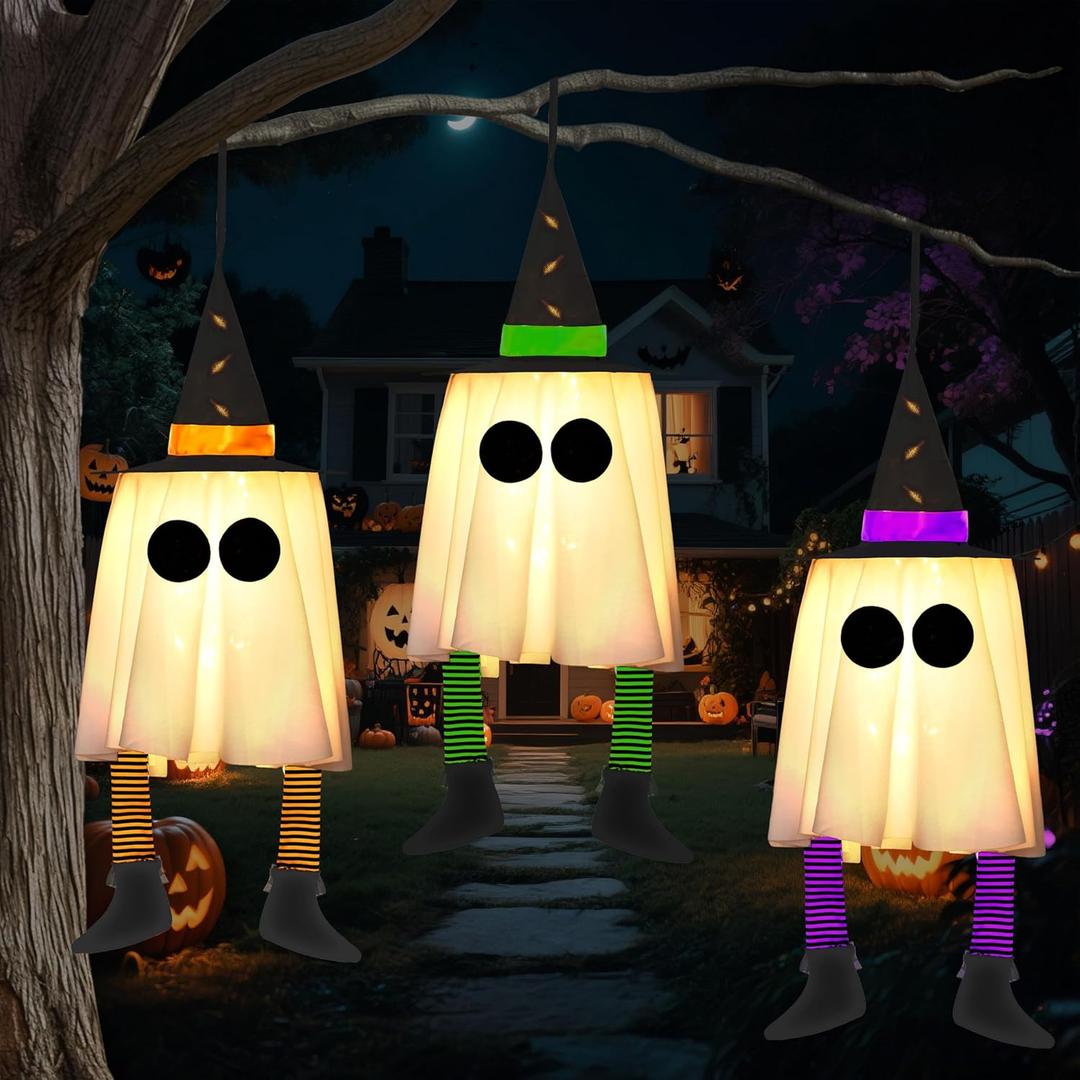 JOYIN 23.6'' 3PCS Halloween Hanging Ghosts Decorations Outdoor, Warm Light Up Ghosts Tree Decor with Witch Hat & Timer, Glowing Halloween Decorations for Yard Patio Garden Outside Haunted House Party JOYIN 23.6'' 3PCS Halloween Hanging Ghosts Decorations Outdoor, Warm Light Up Ghosts Tree Decor with Witch Hat & Timer, Glowing Halloween Decorations for Yard Patio Garden Outside Haunted House Party