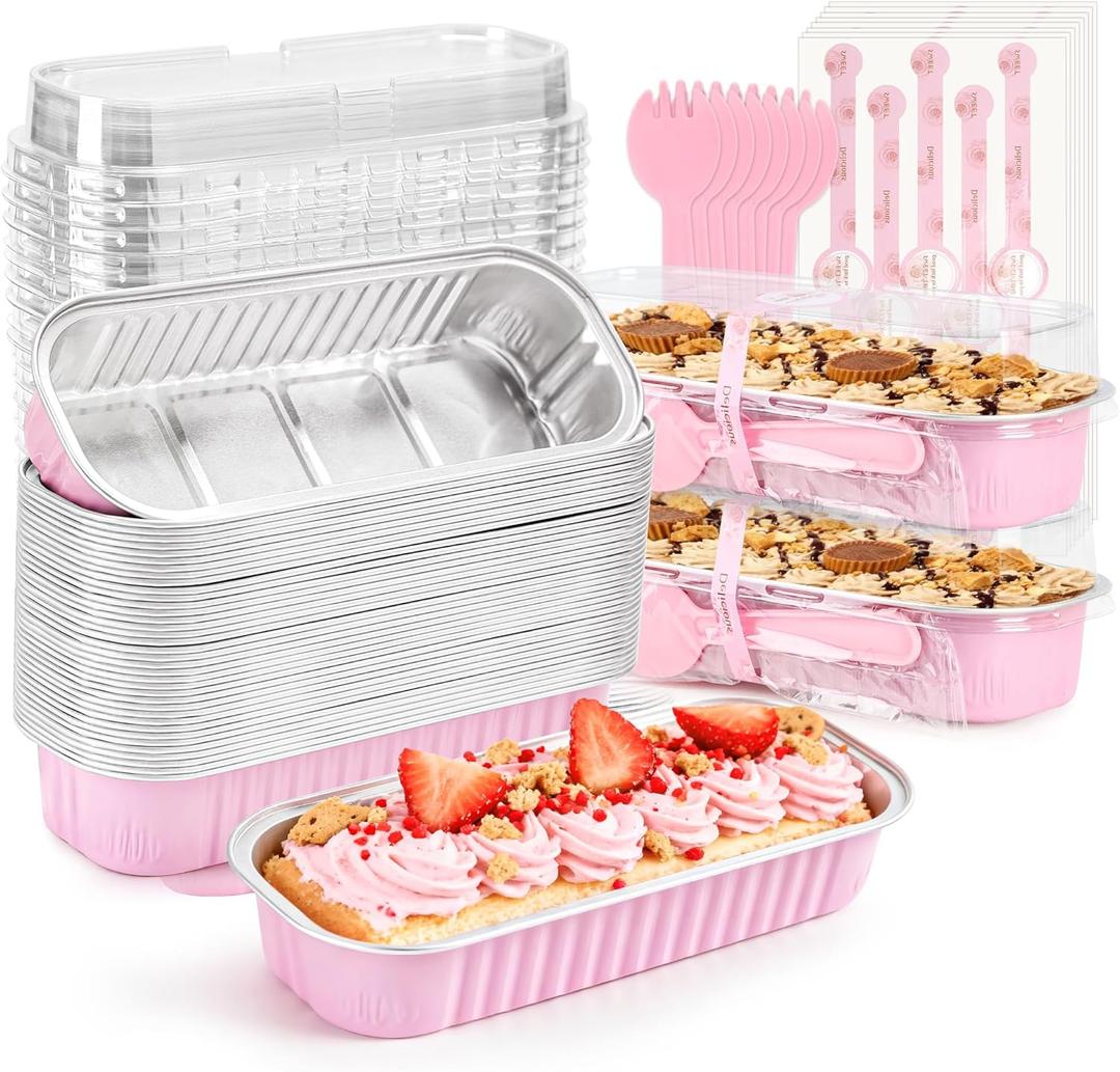 50 Pack Mini Loaf Pans with Lids Rectangle Individual Cake Pans Aluminum Foil Pans for Large Gatherings Picnics Vacations Parties Mothers Day Party Favors(Pink, 6.8 OZ)