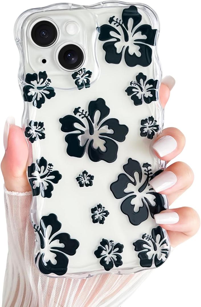 Yeddabox for iPhone 14 Plus Case Hibiscus Flower Floral Wavy Clear Phone Case Soft TPU Slim Shockproof Phone Cover for Women Girls, Black