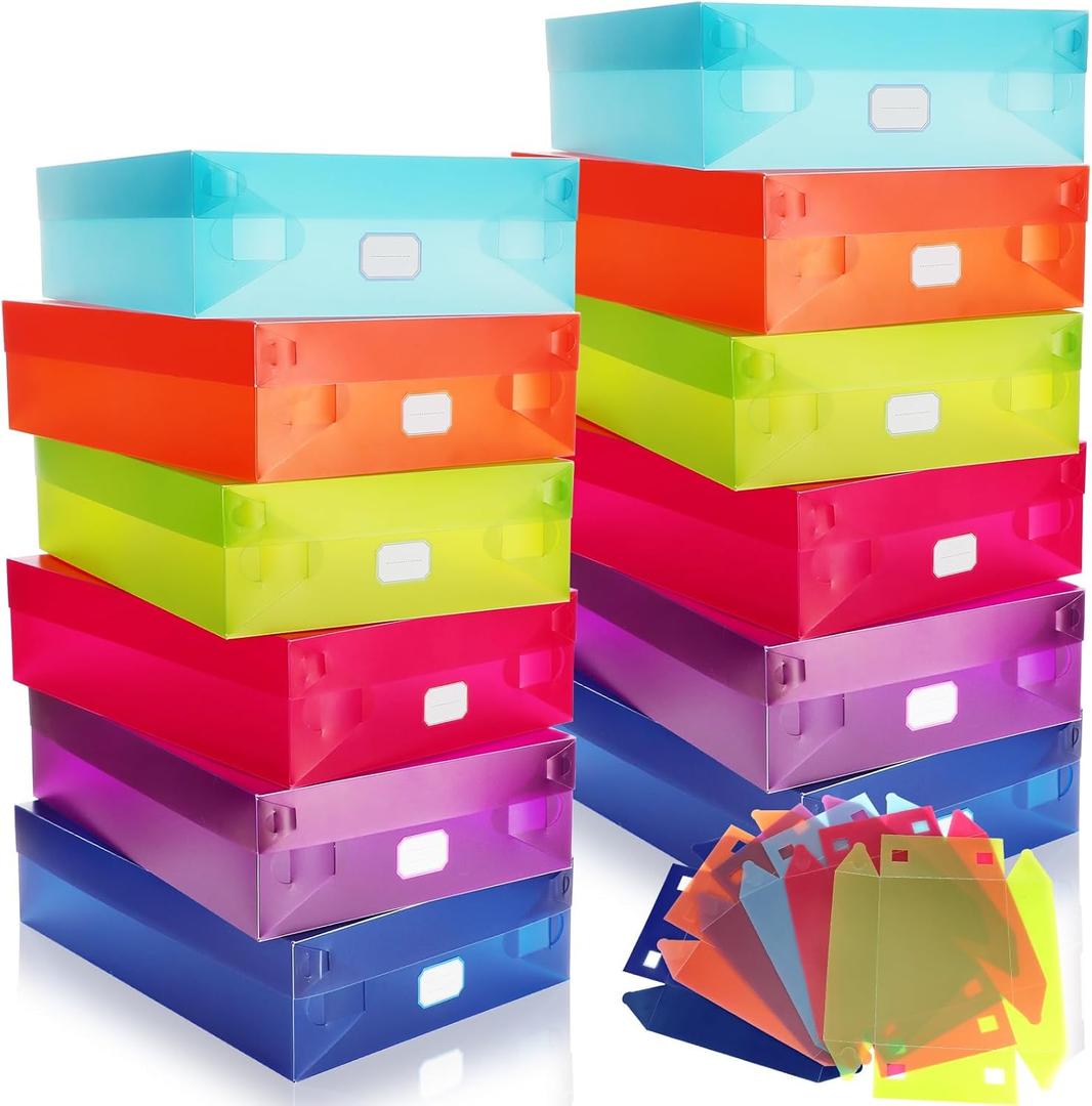 Pinkunn 12 Pcs Multicolor Plastic Document Boxes 12.2 x 9.06 x 3.35 Inch Keepsake Photo Storage Box Classroom Storage Bins with Lid File Cube Organizer with 6 Sheets Name Labels for School Office Home