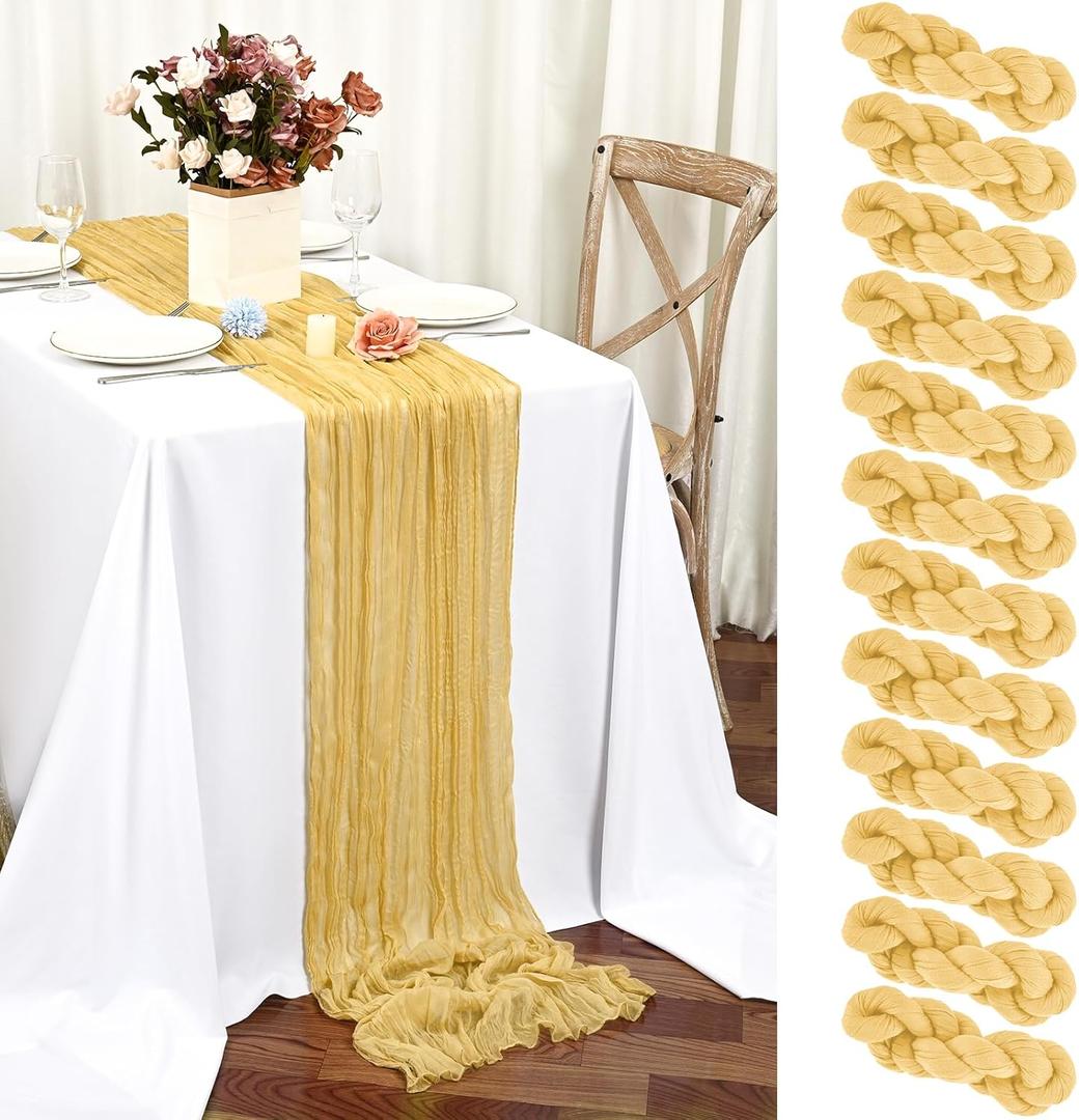 12 Packs Gold Table Runner, Charming Cheesecloth Table Runner 17 x 108inch, Gauze Boho Wedding Decoration Rustic Sheer Fabric Cheese Cloth Table Runners for Wedding Party Bridal Shower