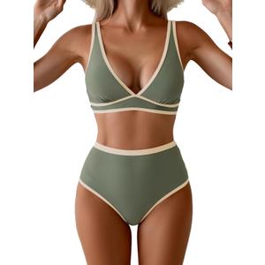 Women's High Waisted Bikini Sets Two Piece Color Block Triangle Swimsuits Sexy V Neck Bathing Suits (Army Green, White, Small)