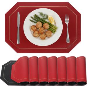 Reversible Placemats Set of 8, Double-Sided PU Leather Heat Resistant Table Mats - Black & Red Color Flip Design for Dining Table, Wedding, Coffee Shop Decor