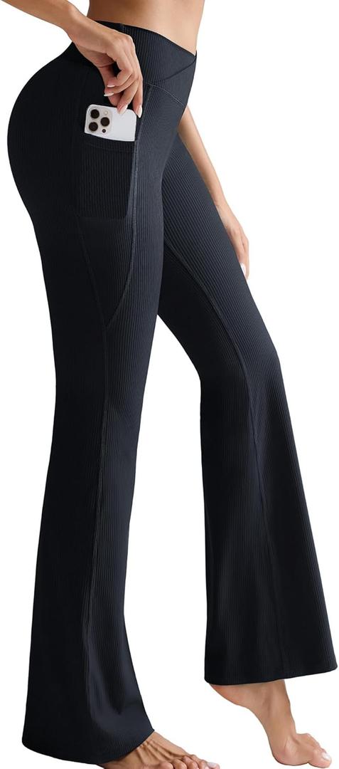 RUNNING GIRL Womens Ribbed V Crossover High Waist Yoga Pants Flare Leggings for Women with Side Pockets (L)