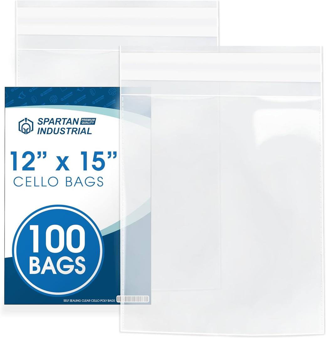 12" X 15" Self-Sealing Cellophane Bags (100 Count) Clear Poly Packaging for Clothing, Prints, Photos, Documents - Reinforced Resealable Cello Bags for Small Business Shipping - Spartan Industrial