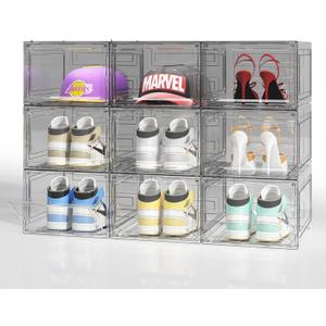 Large Shoe Boxes Clear Plastic Stackable 9 Pack Shoe Storage Organizer for Closet/Entryway, Drop front Shoe Box with Magnetic Door, Shoe Display Case, Fit up to US size 14 (White)