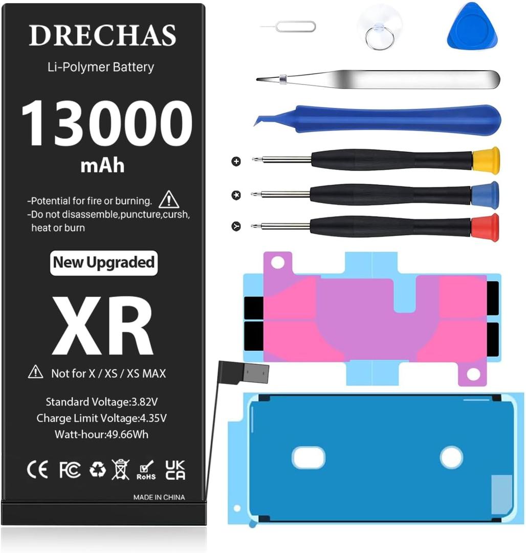 [13000mAh] Battery for iPhone XR, Upgraded High Capacity 0 Cycle Li-Polymer Replacement Battery for iPhone XR Models A1984, A2105, A2106, A2108 with Complete Professional Repair Tool Kit