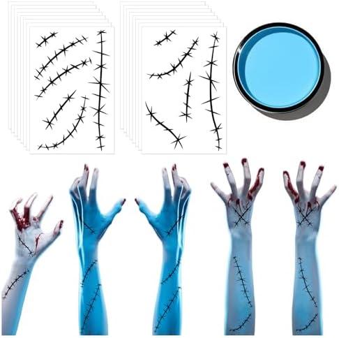 Pack Of 5 Halloween Scars Tattoo for Face Makeup Costume Black Fake Scar Horror Stitch Tattoos Temporary Accessories Blue Face Paint for Halloween Party Decor Body Cosplay Accessories (fake17)