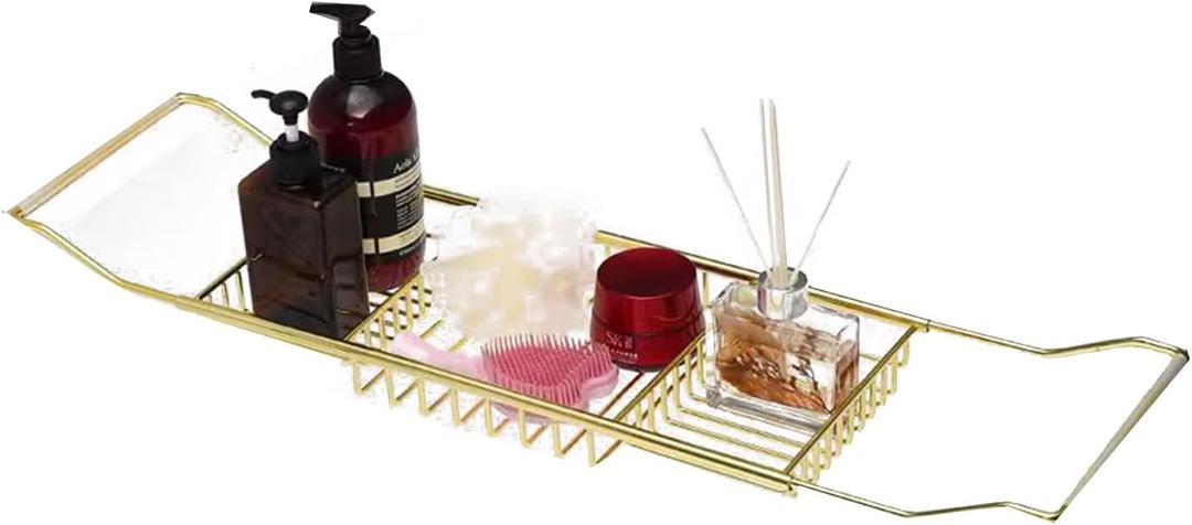 Stainless Steel Expandable Shower Bathtub Tray Over Tub Bath Caddy Expandable Bath Caddy for The Elegant Tub Chrome Polished (Gold)