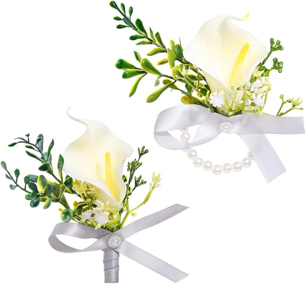 Formery Corsage Boutonniere Set White Calla Lily Corsages Wristlet Pearl Wrist Flower Accessories for Prom Wedding, White 
