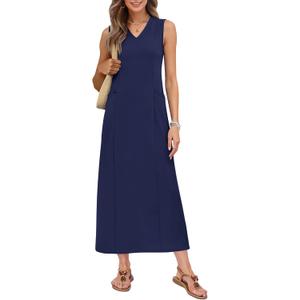 MISFAY Women's Sleeveless V Neck Maxi Dress with Pockets Vacation Outfit | Breathable Air-Layer Rayon Blend, Wrinkle Resistant, Back Slit, Loose Fit, Formal Outfits, Wedding Guest, Machine Washable (Blue, L)