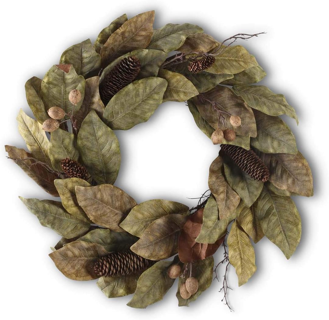 K&K Interiors 53441B 24 Inch Magnolia Pinecone and Nut Wreath, Green