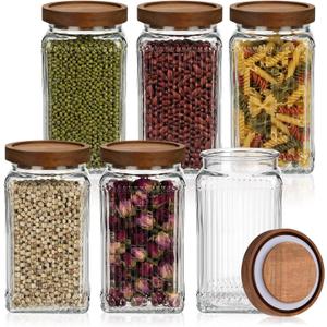6 Pcs Vintage Glass Storage Jar with Lid 34 oz Glass Containers Stylish Ribbed Pattern Airtight Kitchen Jars Candy Jar for Food Cookies Candy Coffee Tea Beans Grains Storage