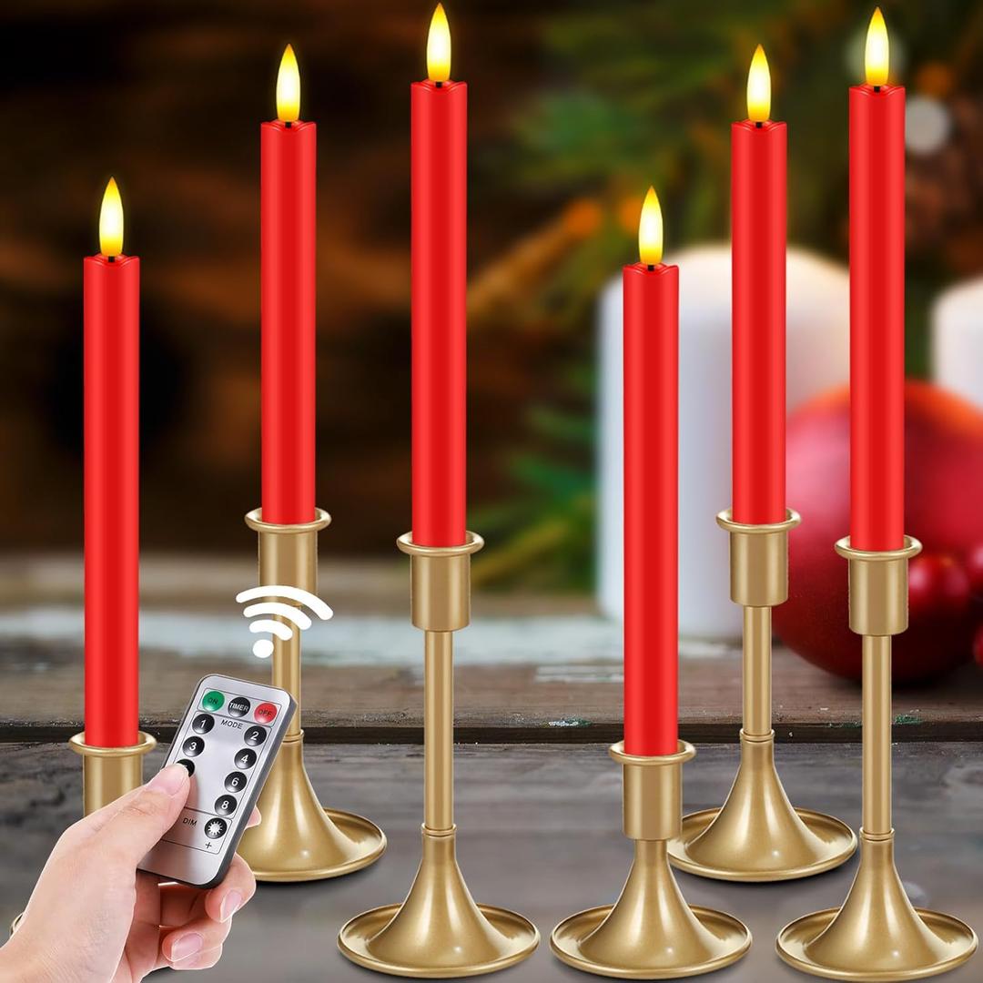 Retisee 6 Pack Taper Candles Holder Set, Candlestick Holders and 10 in Led Taper Candles with Remote Timer Flameless Candles for Holiday Wedding Table Decor(Red)