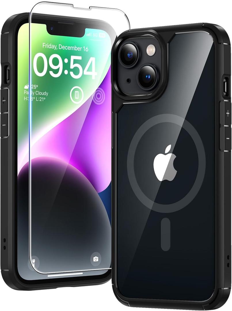 TAURI 2-in-1 Magnetic for iPhone 14 Case, [Designed with Magsafe] with Screen Protector, Shockproof Case for iPhone 14, Black