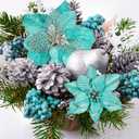 Winlyn 26 Set 3 Style Christmas Glitter Poinsettia Flowers Picks Xmas Tree Ornaments and 2 Rolls 20 Yards Decorative Wired Ribbon for Christmas Tree Wreath Garland (Teal)