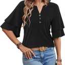 MixShe Tops for Women Split V Neck Button Ruffle Sleeve Casual Summer Lightweight Blouses (Large, Black)