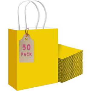qiqee 50-Packs Bright Yellow Paper Gift Bags with Handles Bulk 11"x8.3"x4.3" Medium Size Paper Bags Multiple Uses