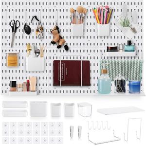 Unittype 17 Pcs Peg Board Combination Kit, 6 Plastic Wall Pegboard with 11 Accessories, 33" x 22" Desk Pegboard Organizer with Shelf Hook for Office, Kitchen, Gaming, Garage, Craft Room(White)